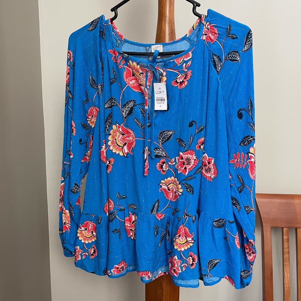 NWT Loft Beach Medium Shimmer Blue w/Orange Floral 3/4 Sleeve Blouse